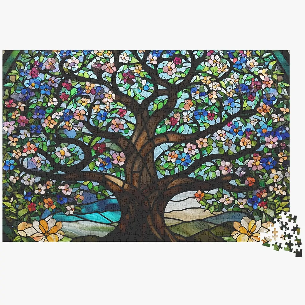 Stained Glass Old Tree With Colorful Flowers - Jigsaw Puzzle 1000 Pieces - Image 2