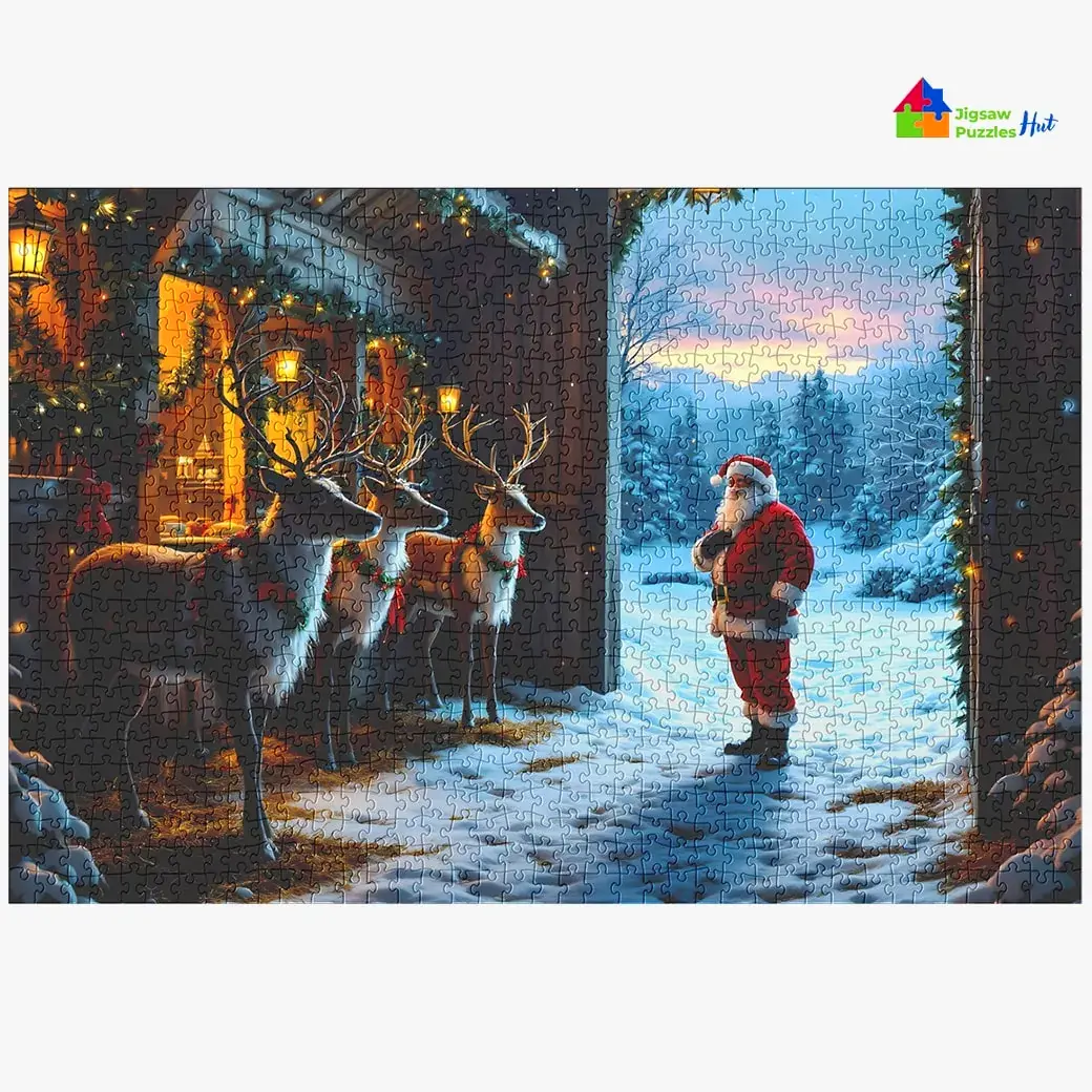 Santa In Reindeer Barn Jigsaw Puzzle - 1000 Piece Christmas Puzzle For Adults