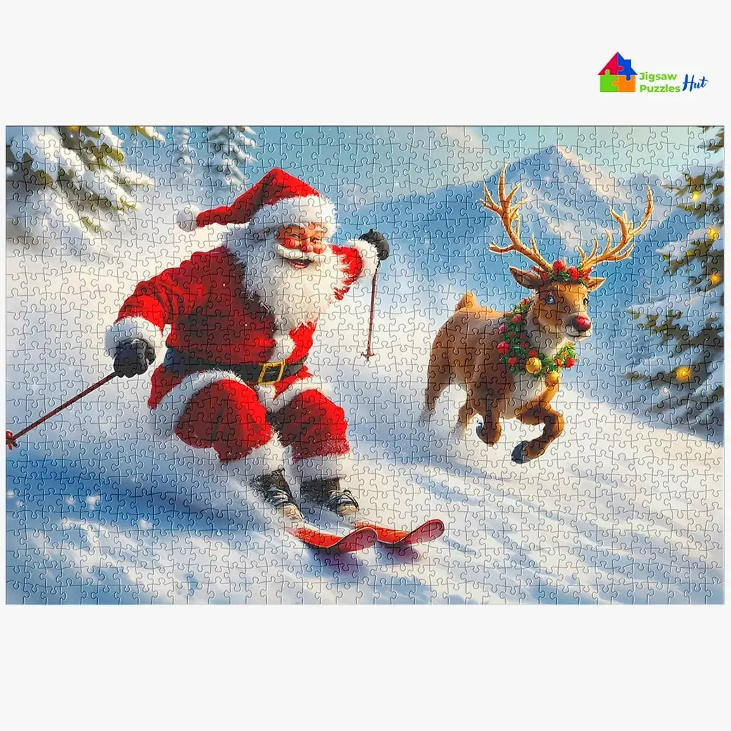 Jigsaw Puzzle Of Santa Skiing With Reindeer - 1000 Piece Christmas Jigsaw Puzzle For Adults