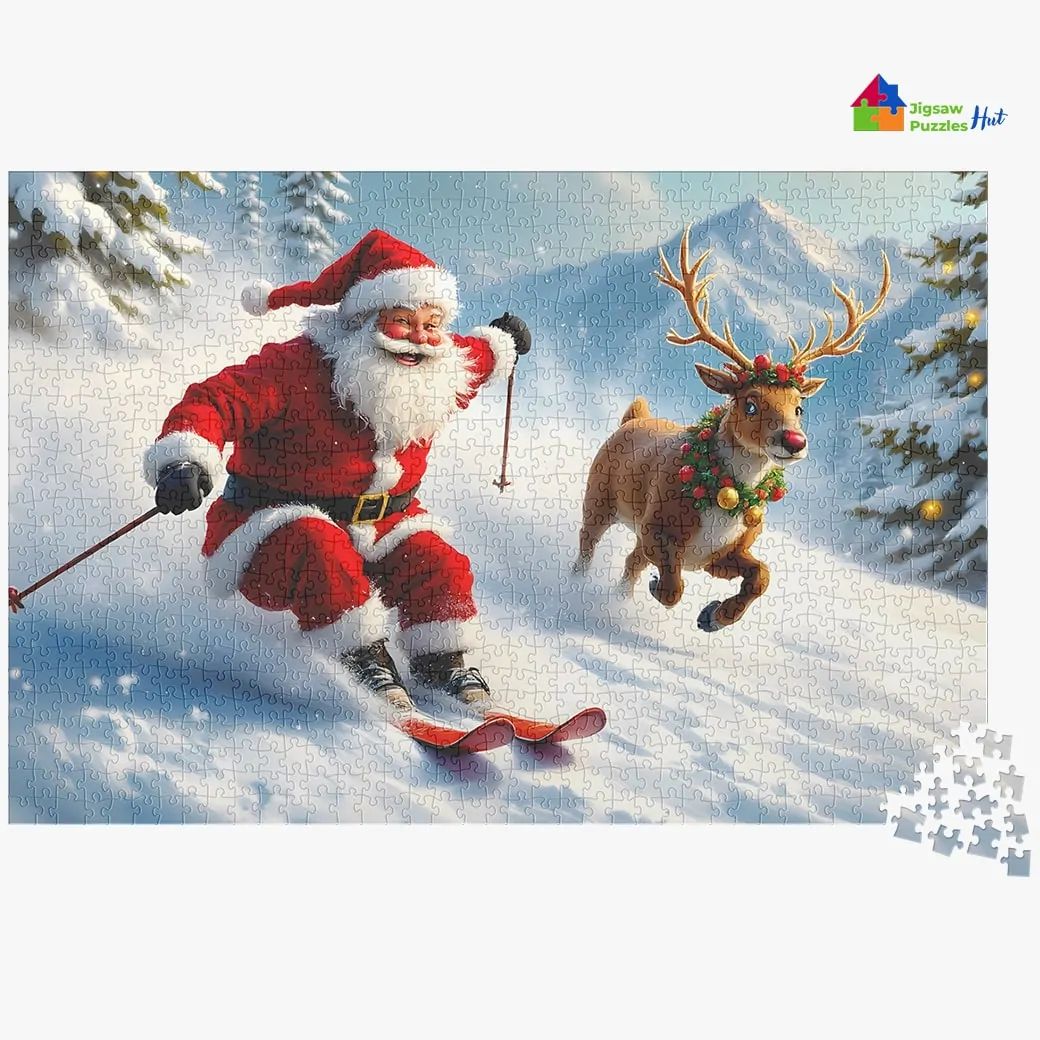 Jigsaw Puzzle Of Santa Skiing With Reindeer - 1000 Piece Christmas Jigsaw Puzzle For Adults
