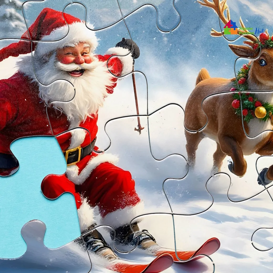 Jigsaw Puzzle Of Santa Skiing With Reindeer - 1000 Piece Christmas Jigsaw Puzzle For Adults