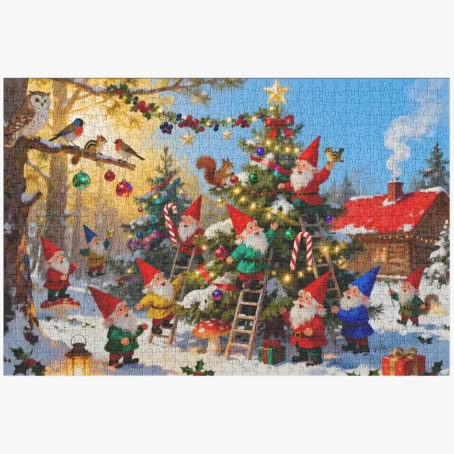Gnomes Decorating Christmas Tree – 1000 Piece Christmas Jigsaw Puzzle For Adults
