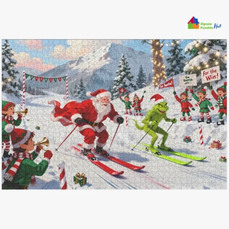 Santa Vs Grinch Skiing Race – 1000 Piece Christmas Jigsaw Puzzle For Adults