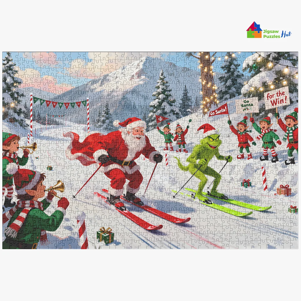Santa Vs Grinch Skiing Race – 1000 Piece Christmas Jigsaw Puzzle For Adults