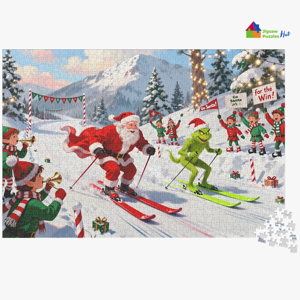 Santa Vs Grinch Skiing Race – 1000 Piece Christmas Jigsaw Puzzle For Adults