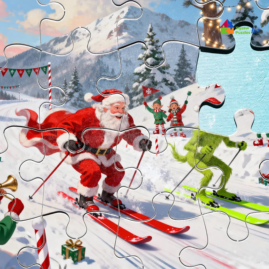 Santa Vs Grinch Skiing Race – 1000 Piece Christmas Jigsaw Puzzle For Adults
